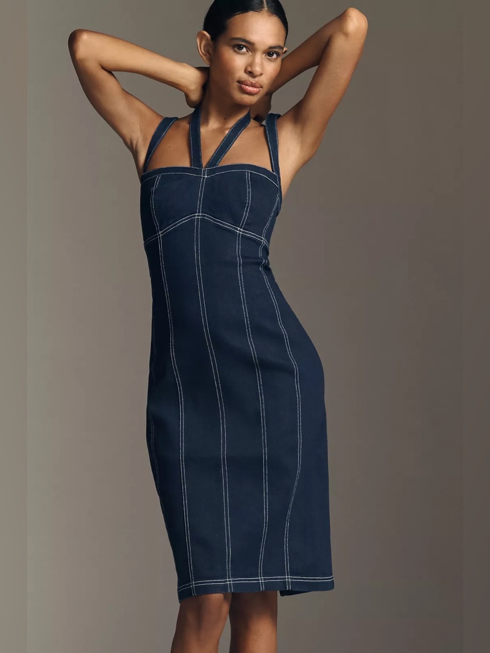 NWT Anthropologie Pilcro Denim Strappy Seamed Fitted Midi Dress